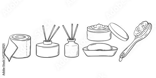 Set of family hygiene items hand drawn in line art style. Simple drawing of daily routine items and interior in sketch style. Isolated vector illustration.