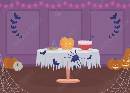 Halloween home party arrangement flat color vector illustration. Holiday meal. Seasonal event. Spooky decorations. Fully editable 2D simple cartoon interior with pumpkins on background