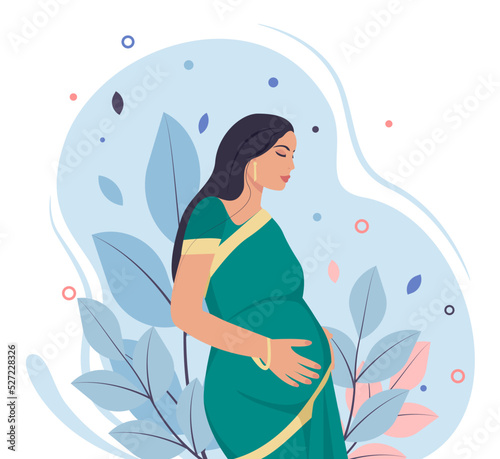 Happy indian pregnant woman on plant background. Flat illustration