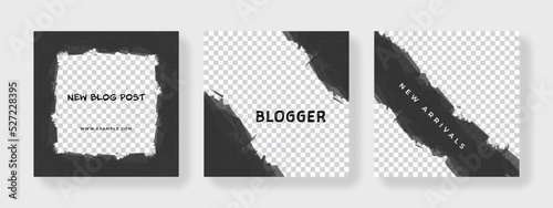 Social media templates with abstract frame design elements around photo placeholder, black brush stroke graphic overlaying square banner