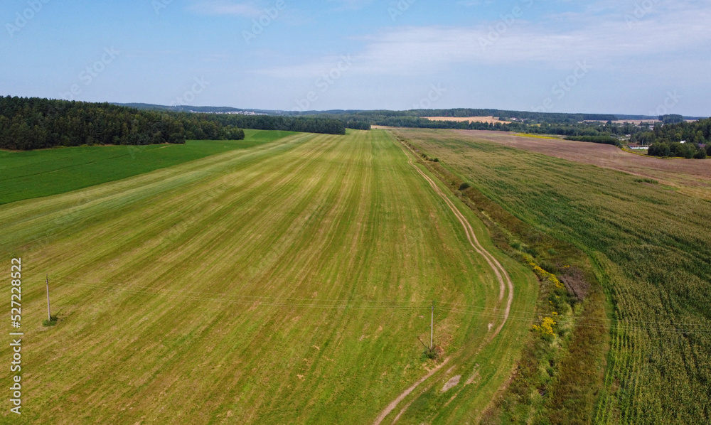 Aerial view of agro rural fields. Harvesting on the farm landscape