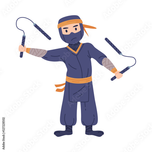 Ninja or Shinobi Character as Japanese Covert Agent or Mercenary in Shozoku Disguise Costume Fighting with Nunchaku Vector Illustration photo
