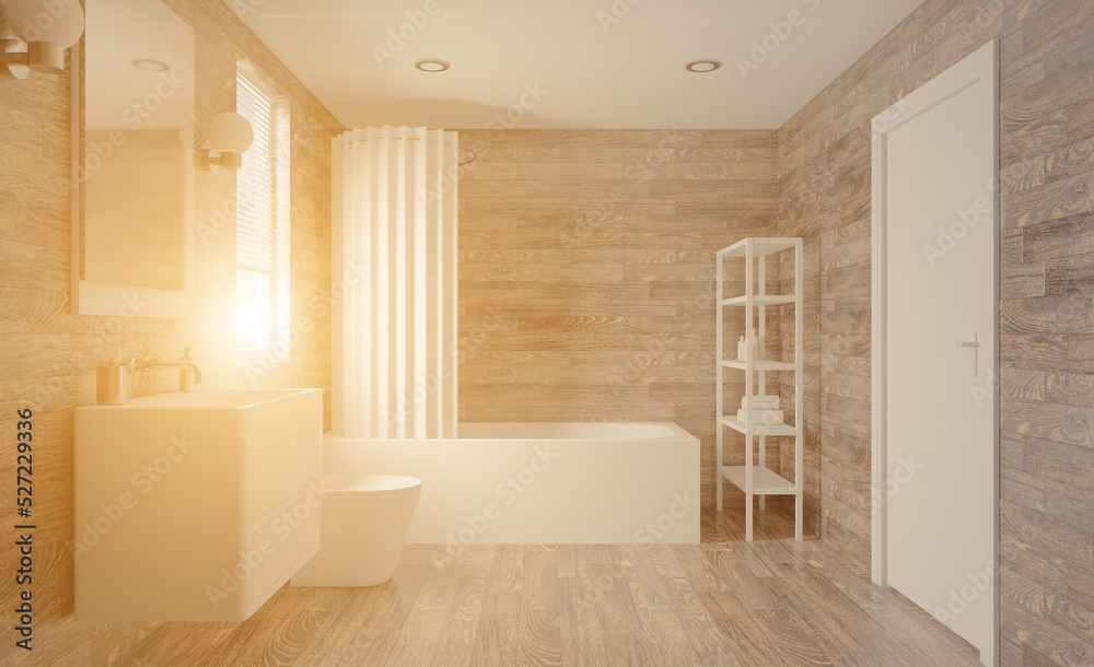 Spacious bathroom in gray tones with heated floors, freestanding tub. 3D rendering.. Sunset.