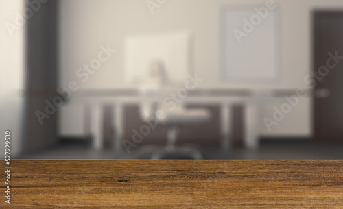 Elegant office interior. Mixed media. 3D rendering.. Mockup.   E. Background with empty wooden table. Flooring. © COK House