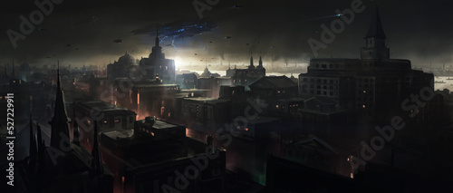 Foto Alien spaceship descended over the city, 3D illustration.