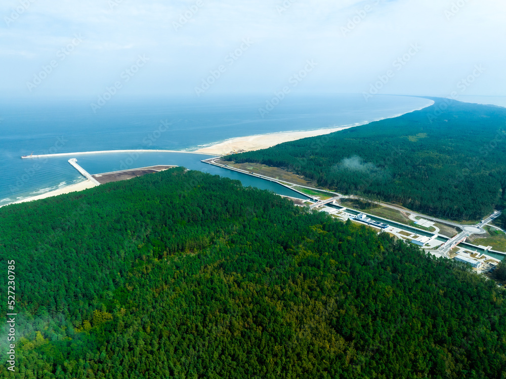 Construction of a canal to the Baltic Sea on the Vistula Spit. The Bay of Gdańsk to the Vistula Lagoon. Construction site from above. Poland. Europe. 