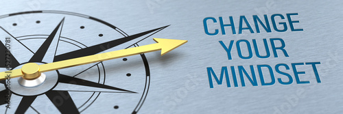 Compass needle pointing to the words Change your mindset - 3d rendering