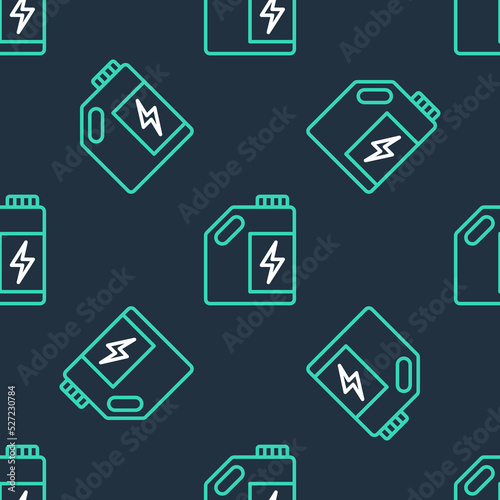 Line Eco fuel canister icon isolated seamless pattern on black background. Eco bio and barrel. Green environment and recycle. Vector