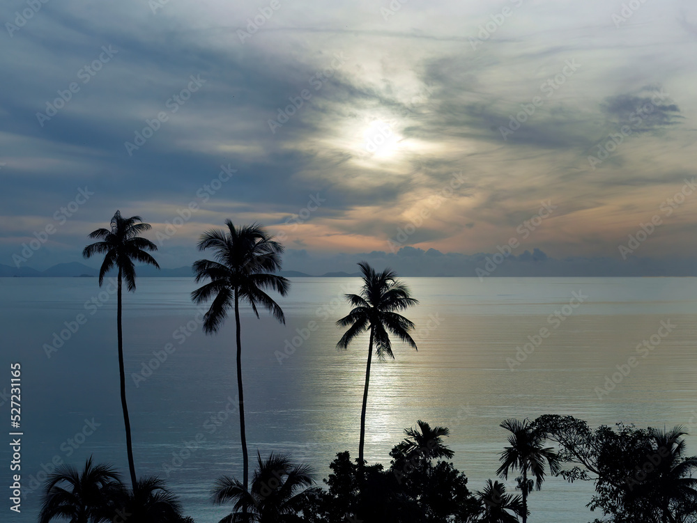 Wallpaper of peaceful sunrise sunset seascape and ocean sky with coconut silhouette foreground Wallpaper of peaceful sunrise sunset seascape and ocean sky with coconut silhouette foreground