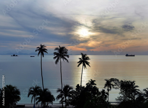 Wallpaper of peaceful sunrise sunset seascape and ocean sky with coconut silhouette foreground