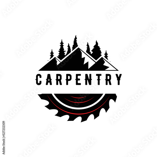carpentry woodworking mountains landscape with saw blade logo design