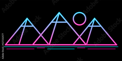 Three pyramids egypt with sun neon light futuristic sci-fi outline icon logo vector design.