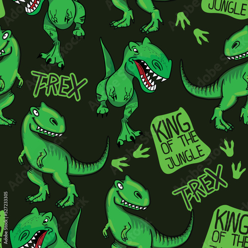 Bright cool seamless pattern with dinosaur T-Rex . graffiti background with t rex.For textile, kids wear, fabric and more © SokolArtStudio