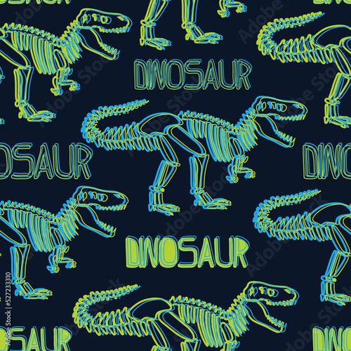 Seamless  neon Dino pattern, print for T-shirts, textiles, wrapping paper, web. Original design with t-rex, dinosaur.  grunge design for boys and girls