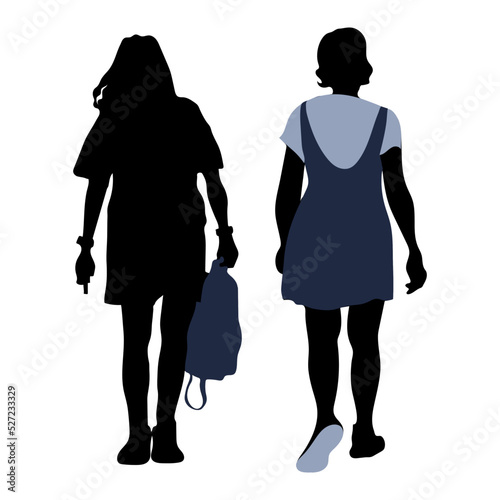 Vector two silhouettes of young women, girls go towards each other, 1 girl carries a bag in her hand.
