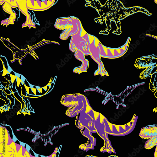 Seamless  neon Dino pattern, print for T-shirts, textiles, wrapping paper, web. Original design with t-rex, dinosaur.  grunge design for boys and girls