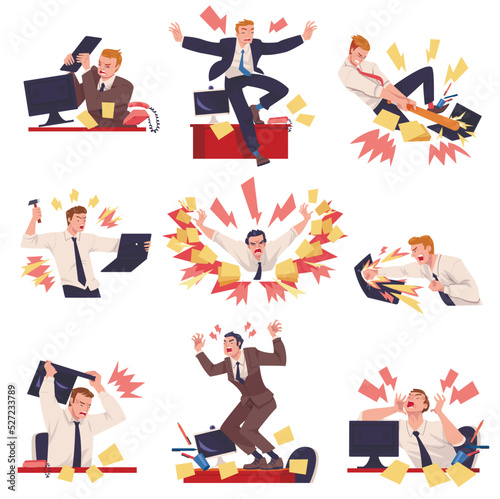 Furious Man Office Employee with Fierce Face Crashing and Breaking Everything Around Vector Set