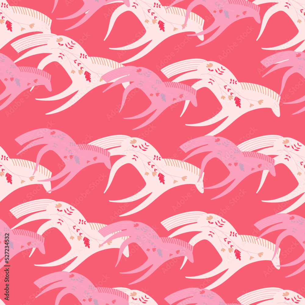Naklejka premium Hand drawn horse seamless pattern. Cute cartoon wallpaper with wild flower and stylized animals.