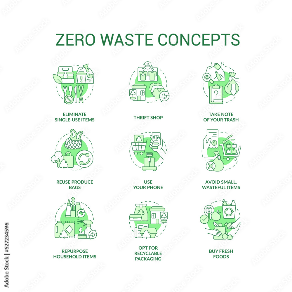 Fototapeta premium Zero waste green concept icons set. Reuse and recycle practices idea thin line color illustrations. Repurpose items. Isolated symbols. Editable stroke. Roboto-Medium, Myriad Pro-Bold fonts used