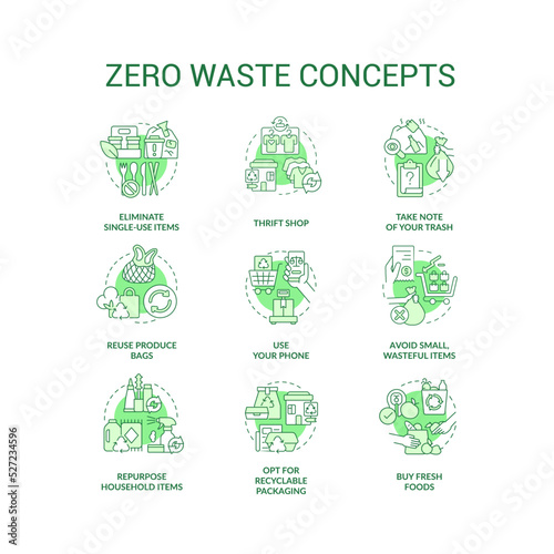 Zero waste green concept icons set. Reuse and recycle practices idea thin line color illustrations. Repurpose items. Isolated symbols. Editable stroke. Roboto-Medium, Myriad Pro-Bold fonts used