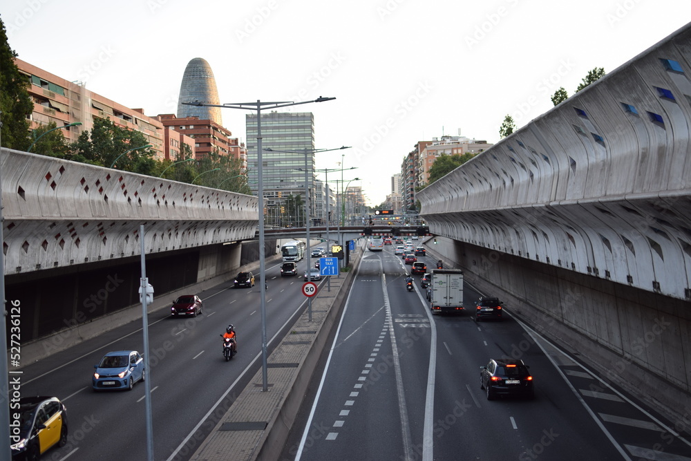 Traffic on Gran Vía. Clear day in Barcelona.