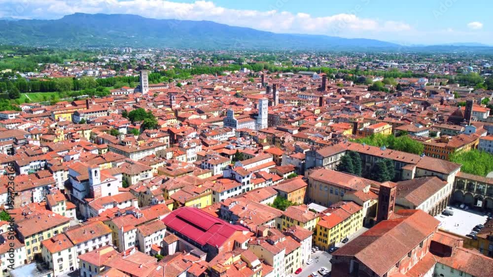 Aerial view of Lucca cityscape in spring season, Tuscany - Italy