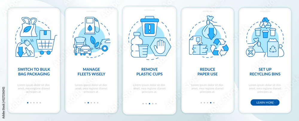 Becoming zero waste brand blue onboarding mobile app screen. Walkthrough 5 steps editable graphic instructions with linear concepts. UI, UX, GUI template. Myriad Pro-Bold, Regular fonts used
