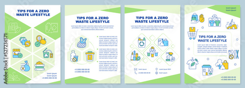 Tips for zero waste lifestyle green brochure template. Leaflet design with linear icons. Editable 4 vector layouts for presentation, annual reports. Arial-Black, Myriad Pro-Regular fonts used