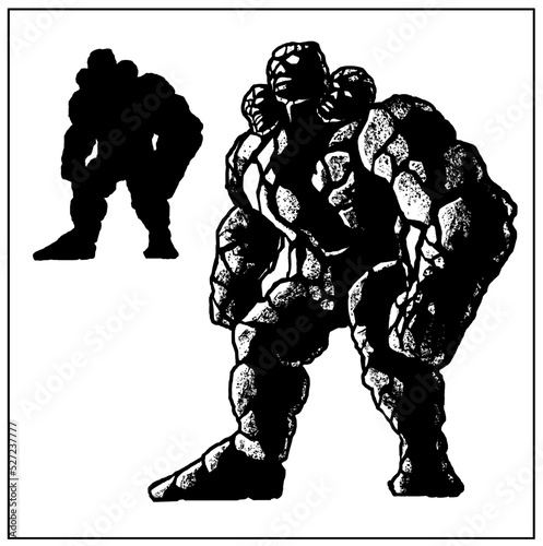 Full length silhouette of a powerful, muscular dark fantasy character in motion with no background. A huge giant, a stone golem with three heads and large arms looks up. Graphics, 2d illustration.