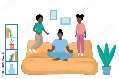 Dark-skinned family at home, mom sits on the sofa in a lotus position, ignoring the children jumping next to her, flat vector, faceless illustration