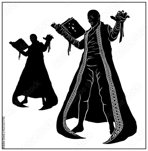 Silhouette of a fantasy character in full growth, without a background. A young wizard, an apprentice of dark magic with sharp teeth in a long sleeveless robe with a book in his hand, 2d illustration.