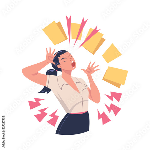 Furious Woman Office Employee with Fierce Face Shouting and Screaming Out Loud Vector Illustration