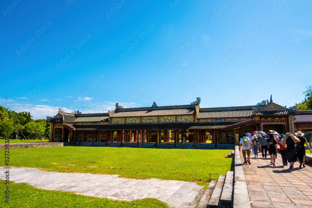 Tourists and traditional activities in the Hue Citadel in Vietnam. Imperial Palace moat ,Emperor palace complex, Hue city, Vietnam. Travel and landscape concept