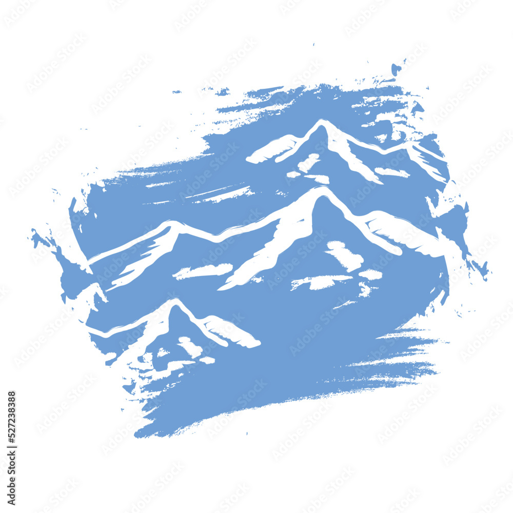 Mountains landscape. White snowy mountains and rocks on blue textured background. Wanderlust icon. Travelling the world. Vector Illustration for travelling blog banner poster equipment shop. Adventure