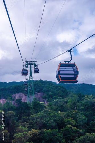 Cable cabs are running on high wire at Bana Hills in Danang, Vietnam. Bana Hills is interesting tourist new places to visit in Da Nang city, Vietnam