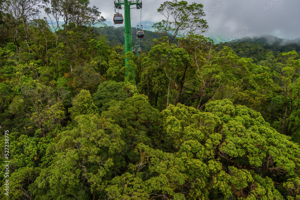 Obraz premium Cable cabs are running on high wire at Bana Hills in Danang, Vietnam. Bana Hills is interesting tourist new places to visit in Da Nang city, Vietnam