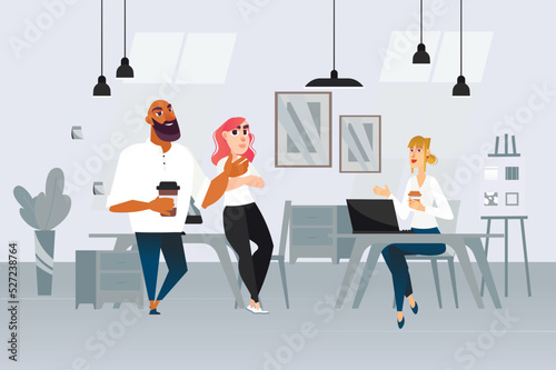 Concept Design studio with people scene in the background cartoon style. Colleagues discuss a new project in the design studio. Vector illustration.