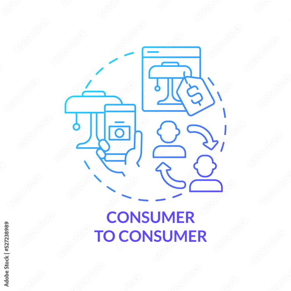Consumer to consumer blue gradient concept icon. Sales via internet marketplace. Business model abstract idea thin line illustration. Isolated outline drawing. Myriad Pro-Bold font used
