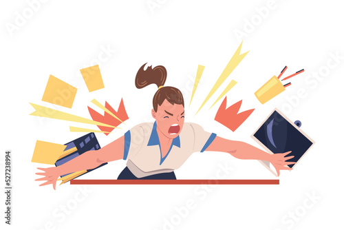 Furious Woman Office Employee with Fierce Face Crashing and Breaking Everything Around Vector Illustration
