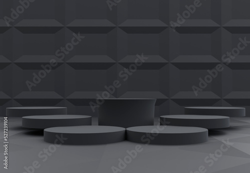 Set of podiums align with black background. Stand to show products. Stage showcase with modern scene for presentation. Pedestal display. 3D rendering. Studio platform template.