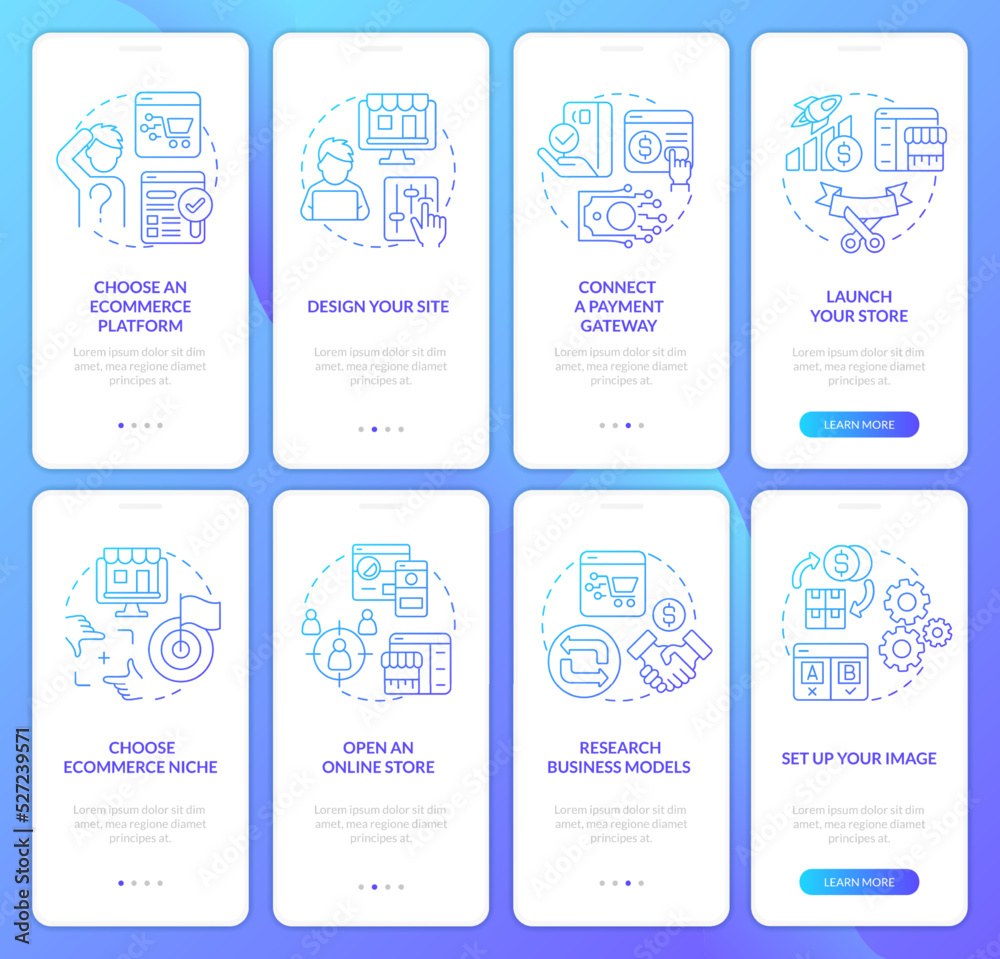 Online shop management blue gradient onboarding mobile app screen set. Startup walkthrough 4 steps graphic instructions with linear concepts. UI, UX, GUI template. Myriad Pro-Bold, Regular fonts used