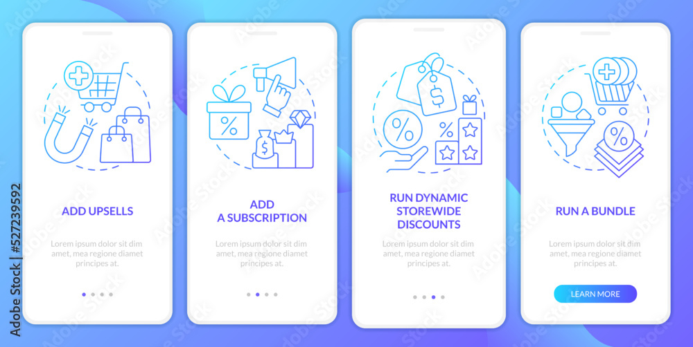 Optimizing online business blue gradient onboarding mobile app screen. Walkthrough 4 steps graphic instructions with linear concepts. UI, UX, GUI template. Myriad Pro-Bold, Regular fonts used
