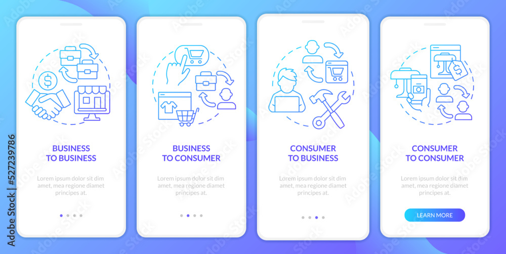 Online business models blue gradient onboarding mobile app screen. Walkthrough 4 steps graphic instructions with linear concepts. UI, UX, GUI template. Myriad Pro-Bold, Regular fonts used Online business models blue gradient onboarding mobile app screen. Walkthrough 4 steps graphic instructions with linear concepts. UI, UX, GUI template. Myriad Pro-Bold, Regular fonts used