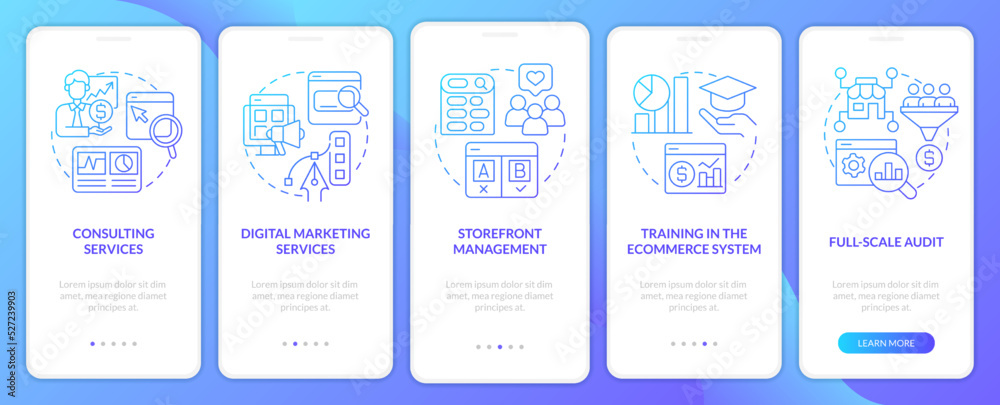 Online shop management services blue gradient onboarding mobile app screen. Walkthrough 5 steps graphic instructions with linear concepts. UI, UX, GUI template. Myriad Pro-Bold, Regular fonts used