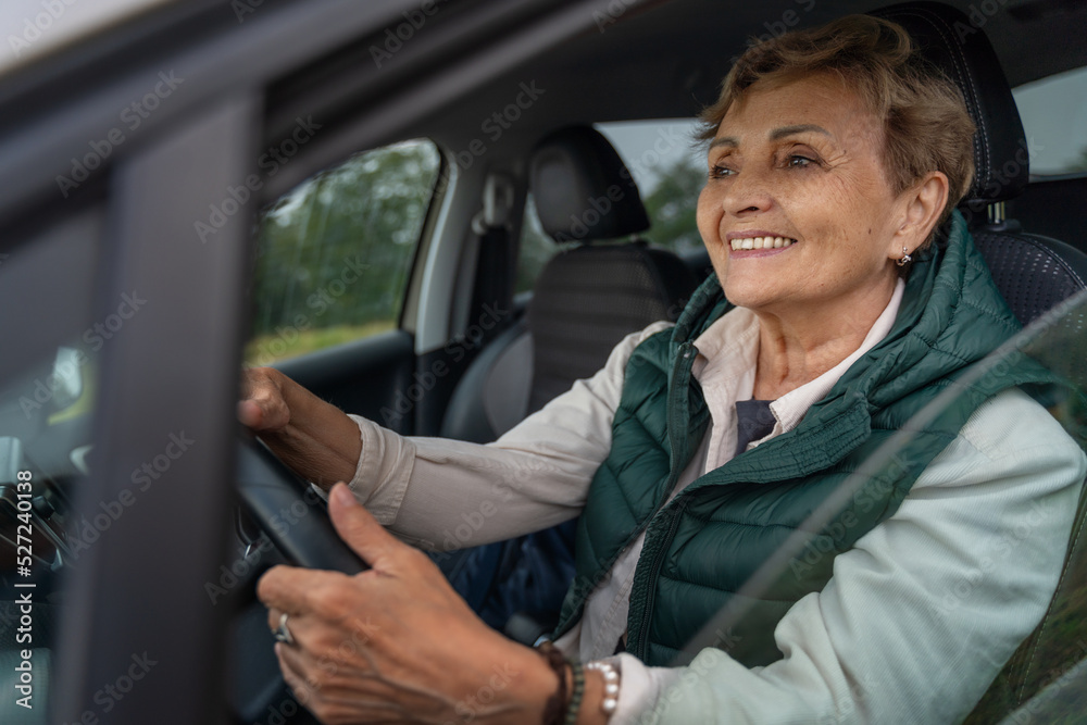 Beautiful happy smiling senior gray-haired mature woman driving a car