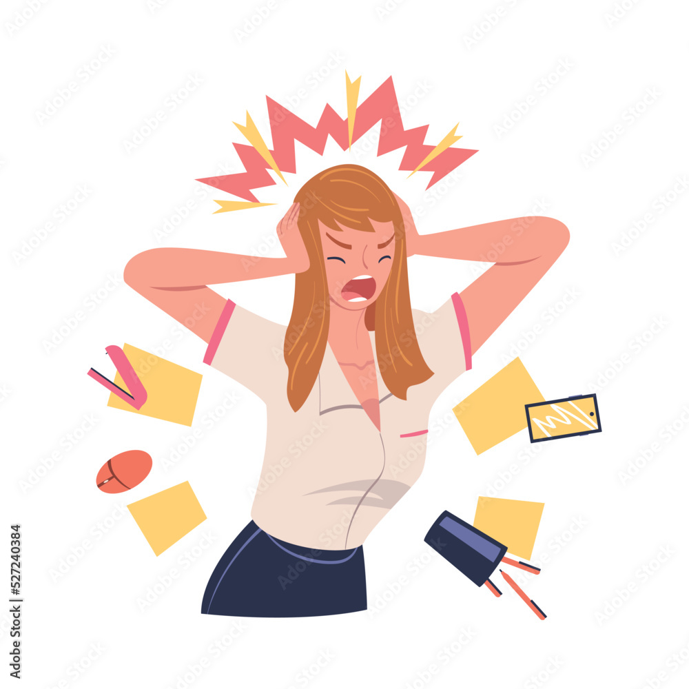 Furious Woman Office Employee with Fierce Face Shouting and Screaming Out Loud Vector Illustration Furious Woman Office Employee with Fierce Face Shouting and Screaming Out Loud Vector Illustration
