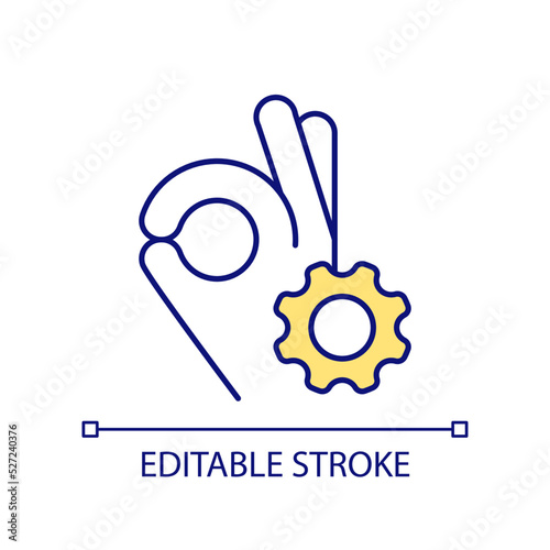 System optimization RGB color icon. Process adjustment. Regulate and change. Hand gesture and cogwheel. Isolated vector illustration. Simple filled line drawing. Editable stroke. Arial font used