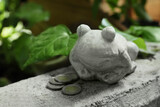 Frog figure with coins on stone parapet outdoors, closeup. Space for text