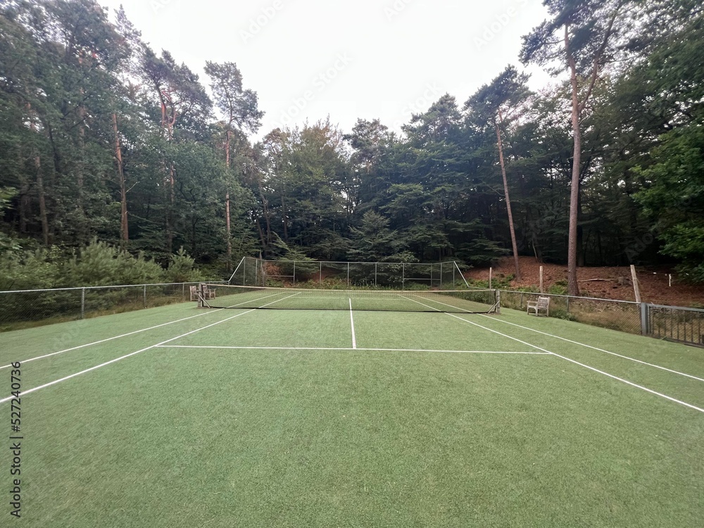 Fototapeta premium Tennis court with green grass and net outdoors