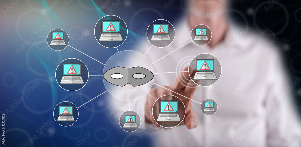 Man touching a cyber attack concept Man touching a cyber attack concept